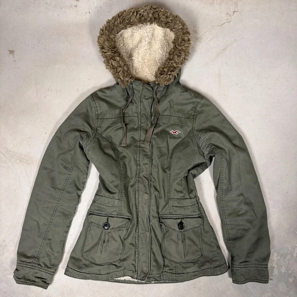 Grail Hollister Women Olive Green Sherpa Lined Parka Jacket Faux‎ Fur Hood Large